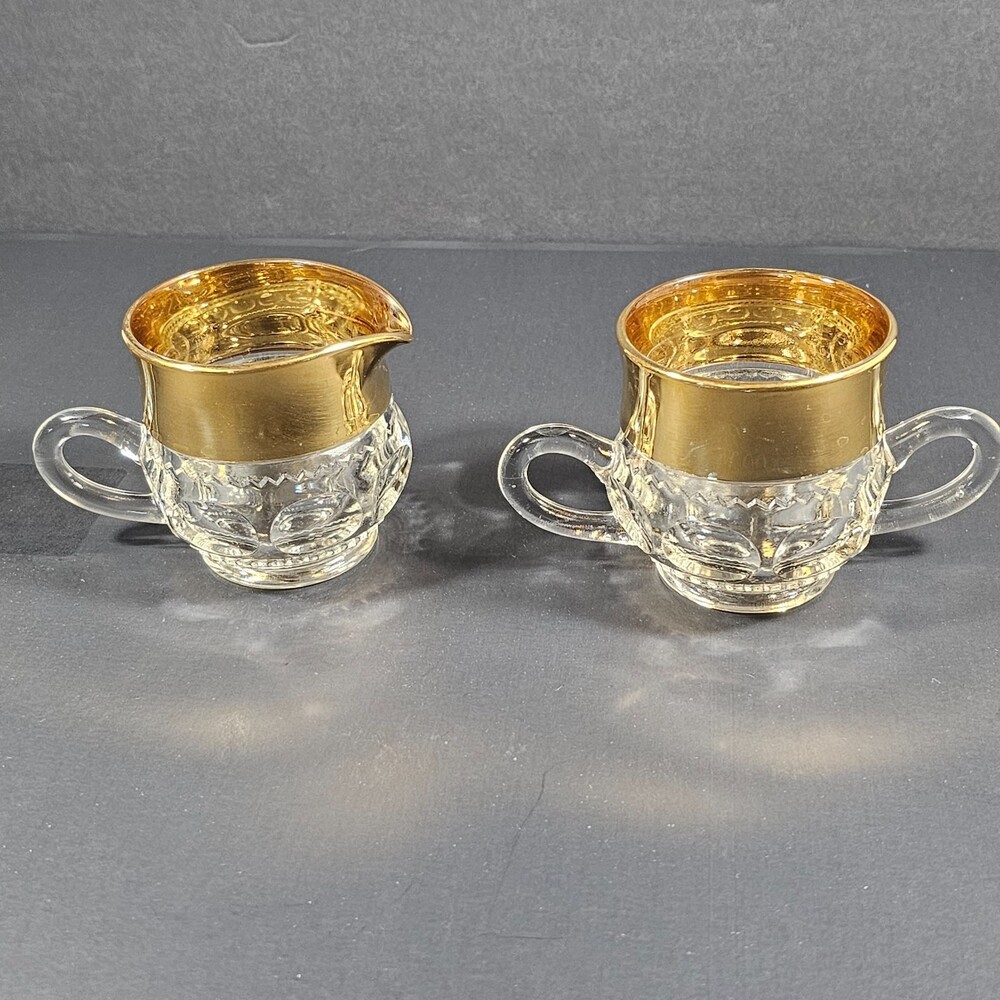 Vtg Midcentury Indiana Glass Thumbprint 22k Gold Sugar Creamer Set Pristine